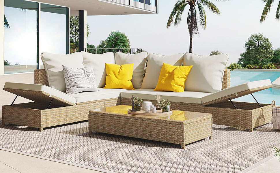 SH-Furniture-N717SP100211:TOPMAX Patio 3-Piece Rattan Sofa Set All Weather PE Wicker Sectional Set with Adjustable Chaise Lounge Frame and Tempered Glass Table, Natural Brown+ Beige Cushion